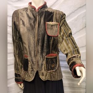 Flashback Couture Rayon Crushed Velvet Velour Zip Patch Jacket Shoulder Pads LG